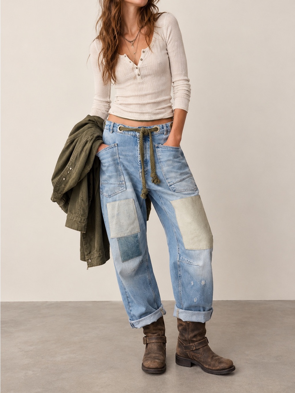 We The Free Moxie Pull-On Barrel Jeans Truest Blue Size 25 Patchwork